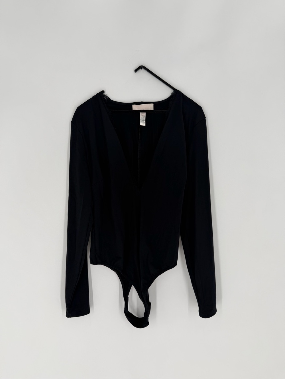 Fleur Du Mal Black Margo Lace Trim Long Sleeve Thong Back Stretchy Bodysuit
